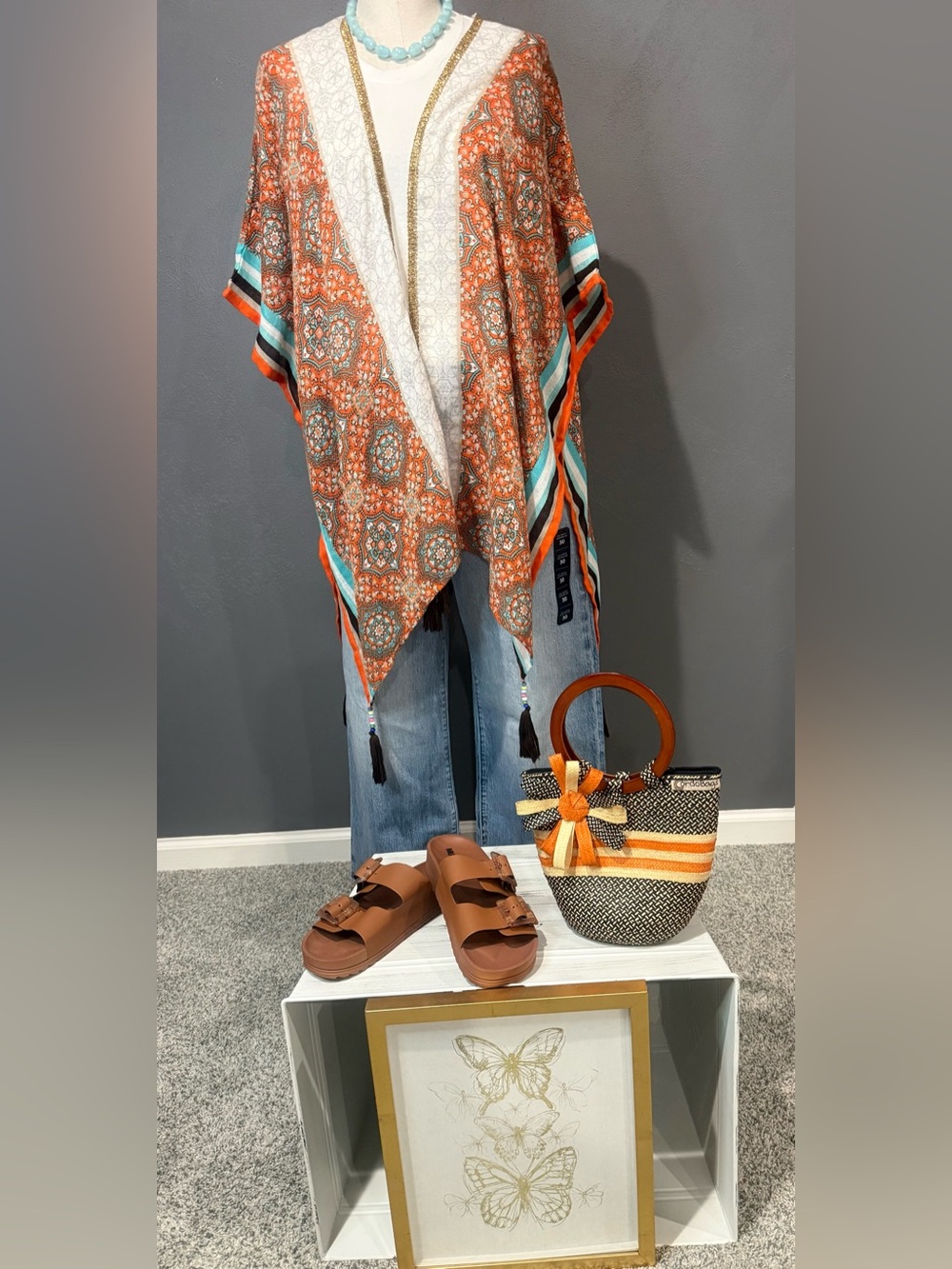 Steve Madden Orange Multi-Pattern Kimono Tunic